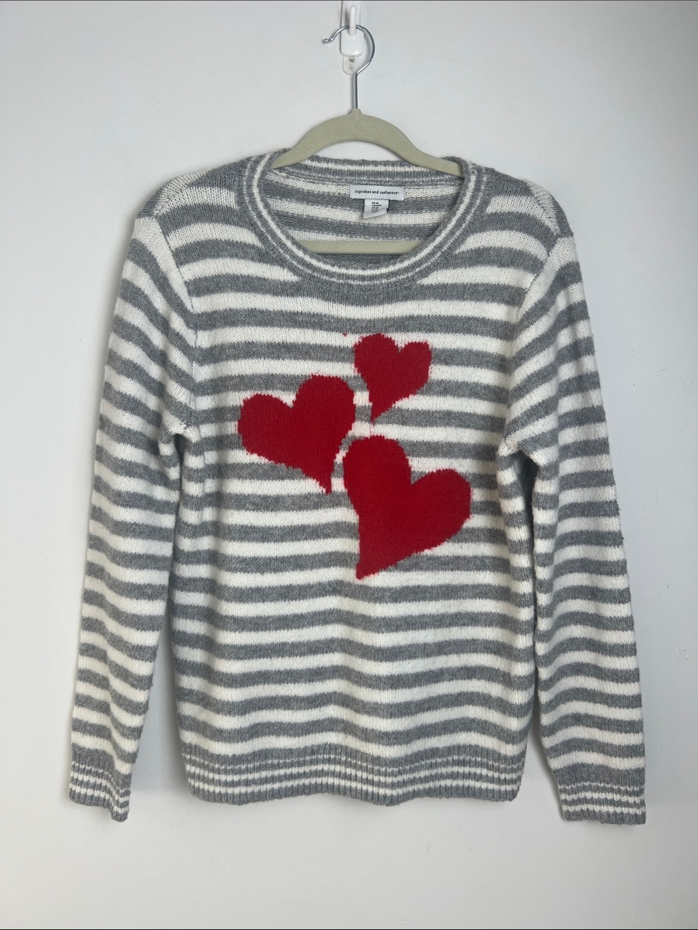 Cupcakes & Cashmere Medium Gray & White Red Hearts Striped Crewneck Sweater
